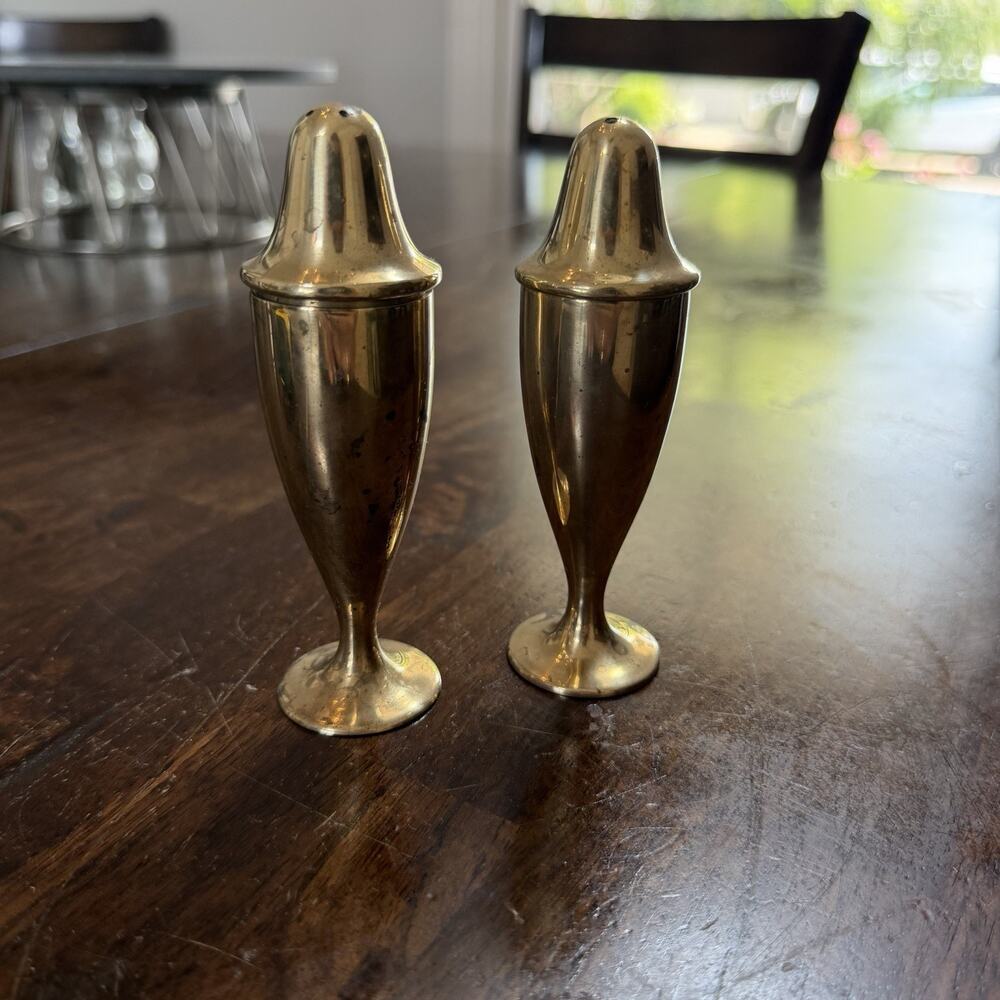 1926-1935 Dirigold Art Deco Bronze Salt Pepper Shakers Monogram Pair